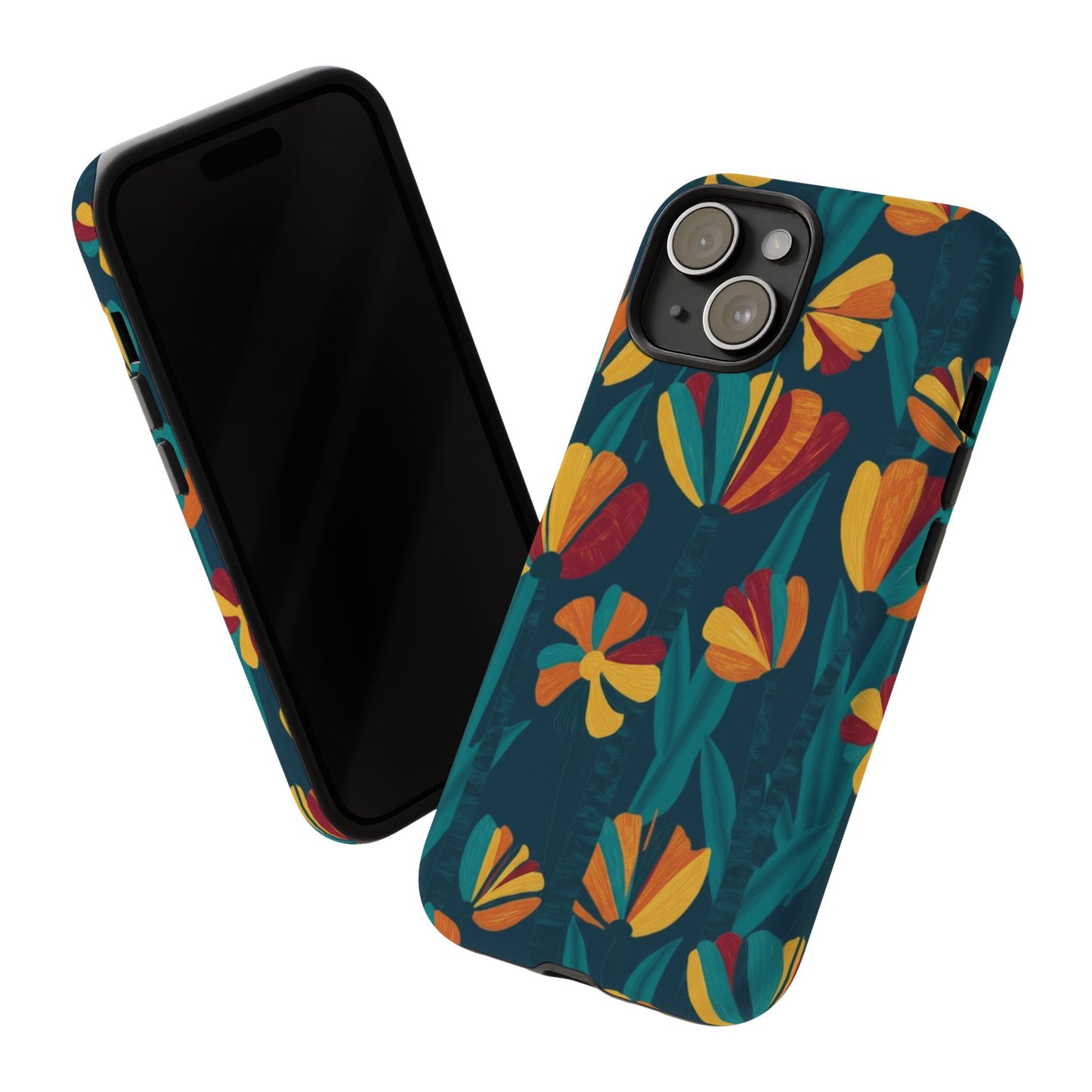 Floral Retro Teal Tough Phone Case — Vibrant Orange & Mustard Blooms