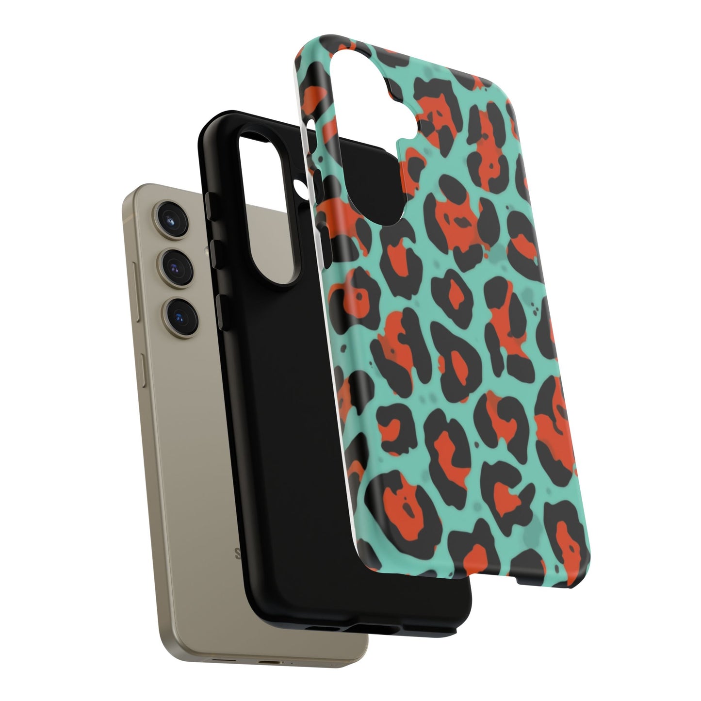 Leopard Print Tough Phone Case — Teal & Rust Protective iPhone Cover