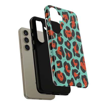 Leopard Print Tough Phone Case — Teal & Rust Protective iPhone Cover