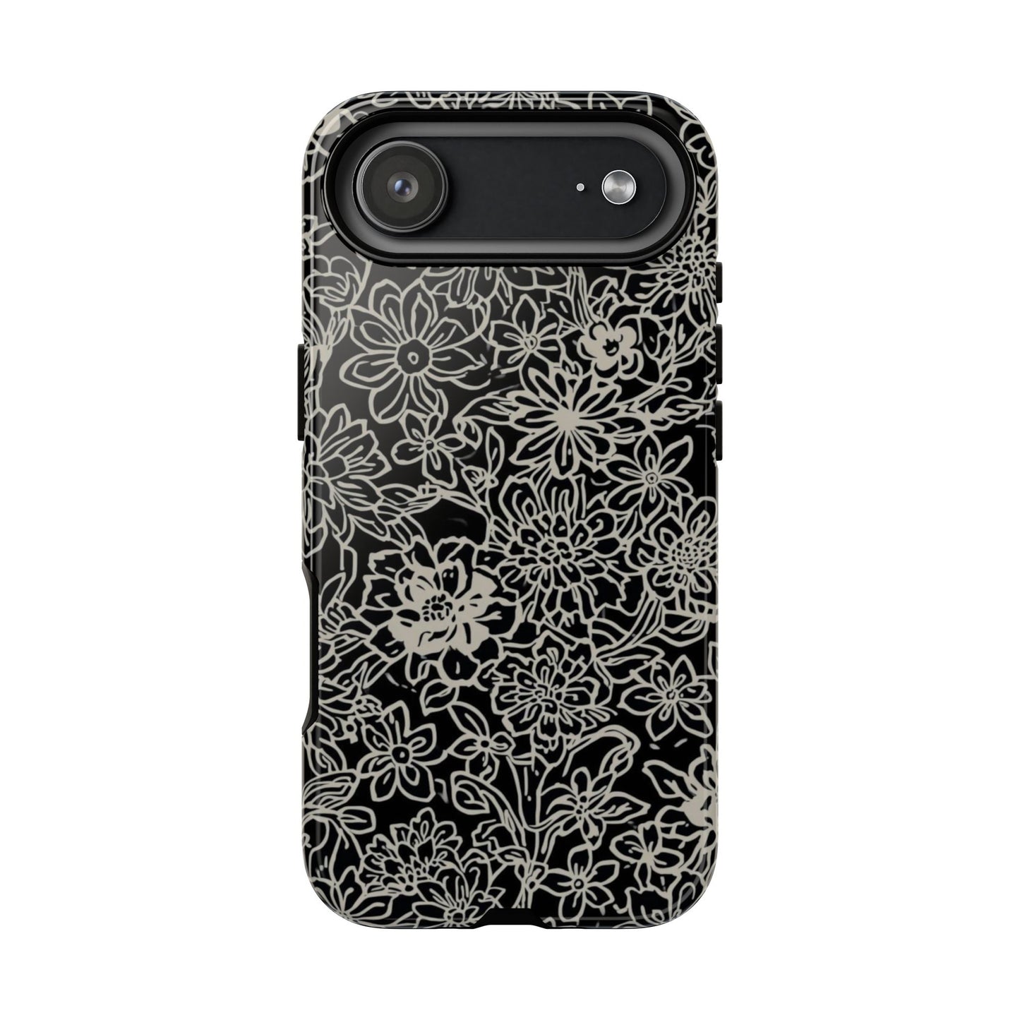Floral Doodle Tough Phone Case — Black & White Sketch Flower Protective Cover