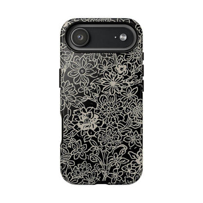 Floral Doodle Tough Phone Case — Black & White Sketch Flower Protective Cover