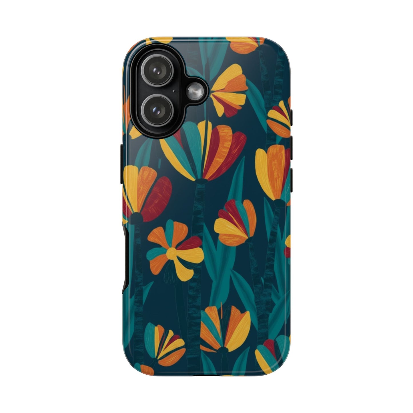 Floral Retro Teal Tough Phone Case — Vibrant Orange & Mustard Blooms