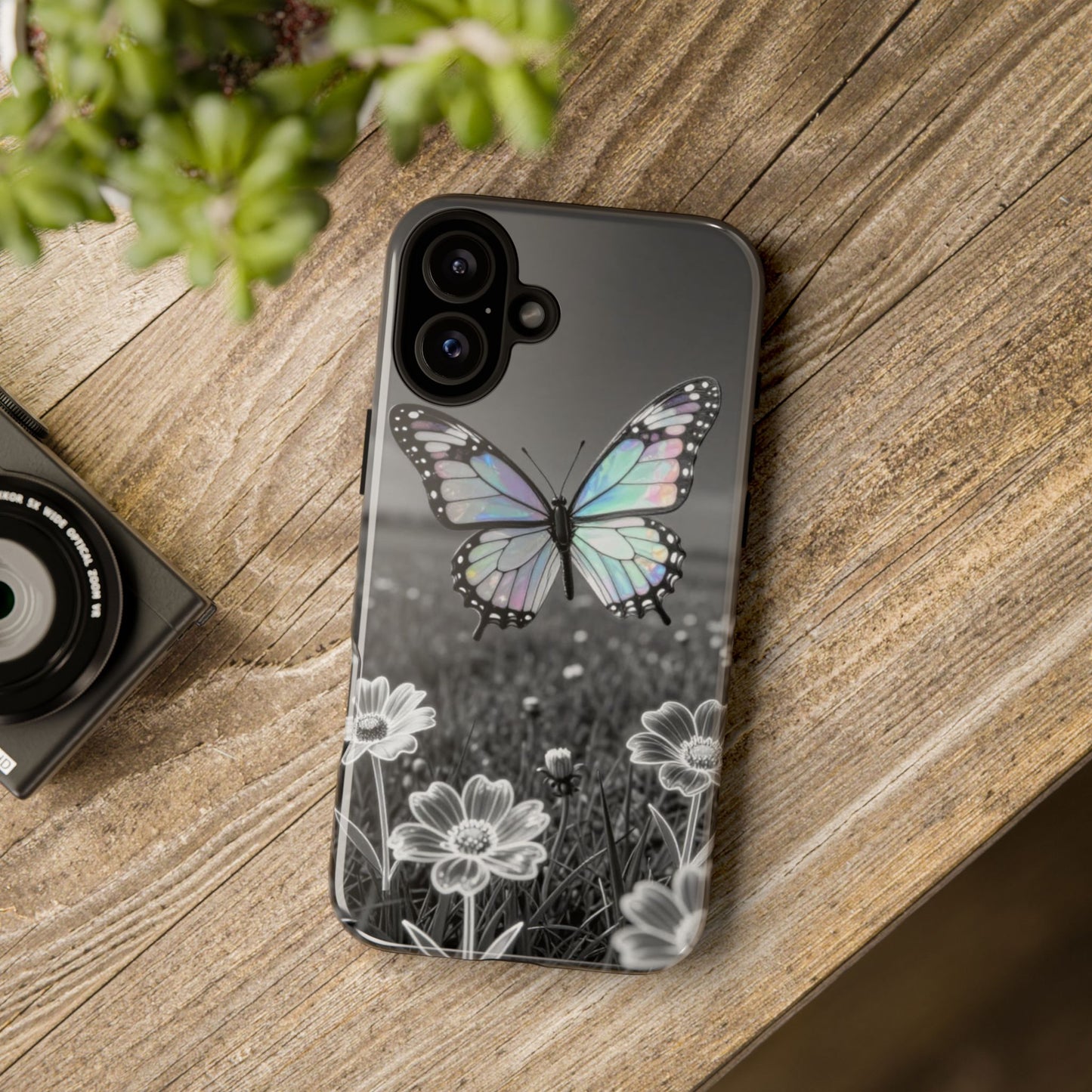 Butterfly Field Tough Phone Case — Pastel Holographic Butterfly on Black & White Floral Background