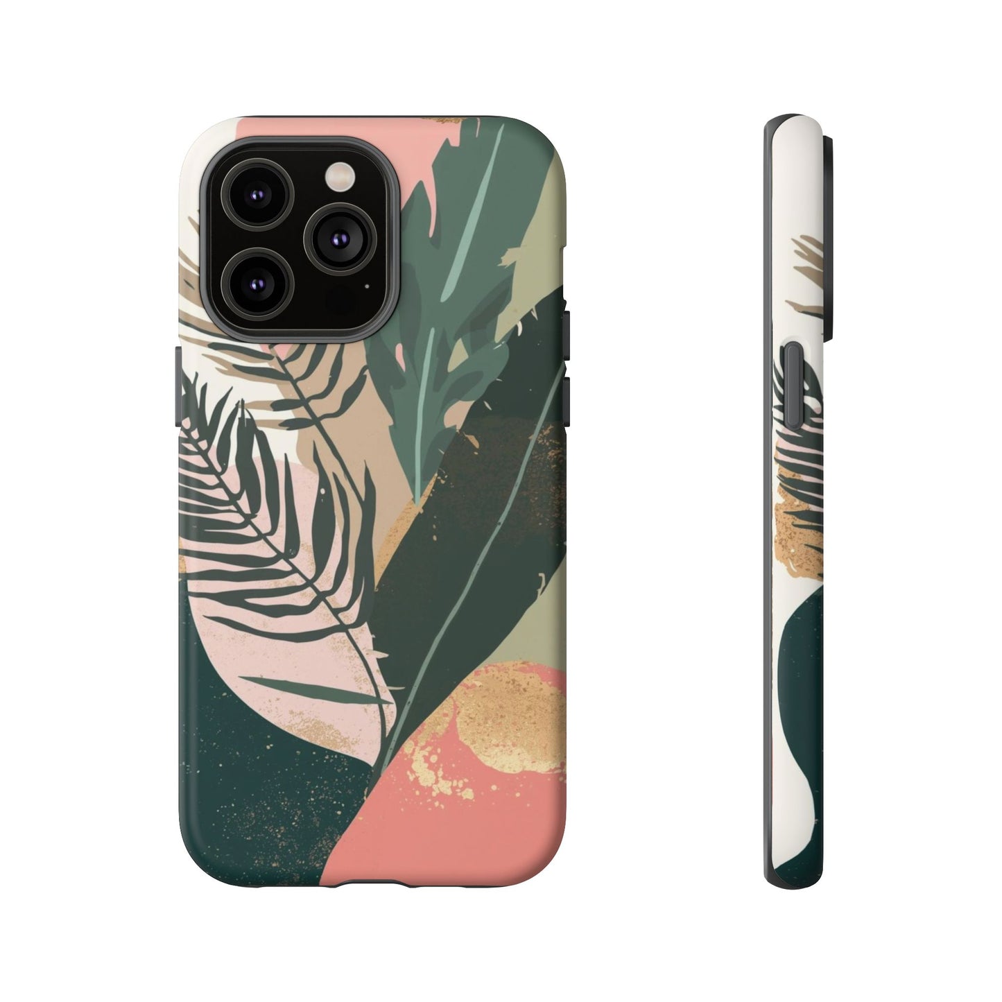 Tropical Leaf Tough Phone Case — Abstract Pink & Green Botanical Protective Cover