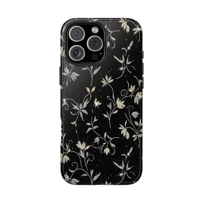 Floral Noir Tough Phone Case — Vintage Black Botanical Protective Cover
