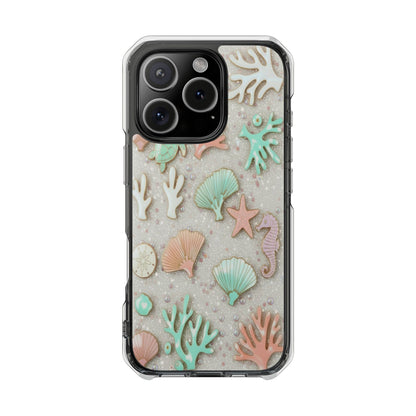 Clear Impact Phone Case — Pastel Seashell & Coral Beach Design (Magnetic)