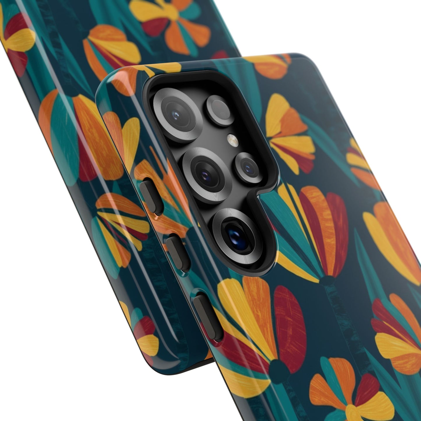 Floral Retro Teal Tough Phone Case — Vibrant Orange & Mustard Blooms