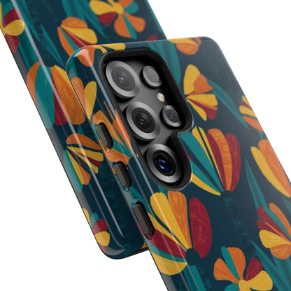 Floral Retro Teal Tough Phone Case — Vibrant Orange & Mustard Blooms