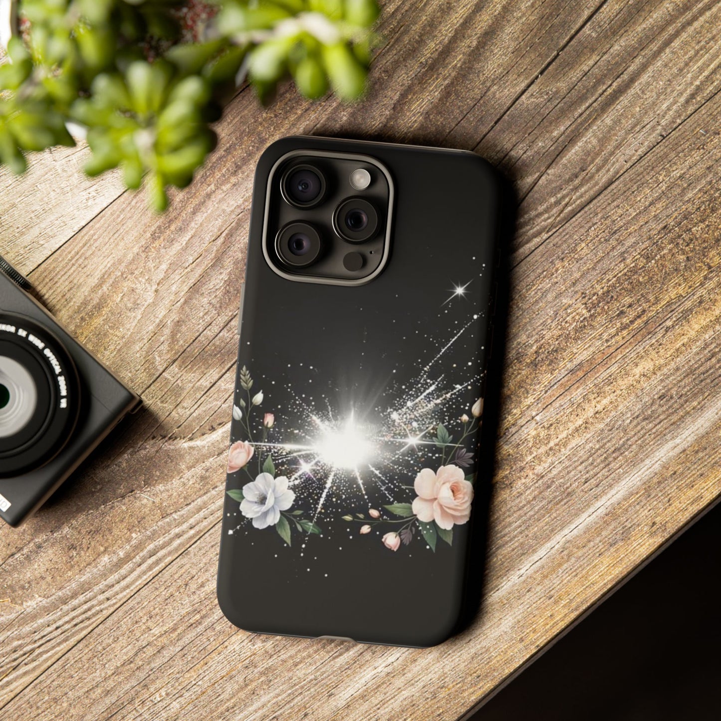 Floral Burst Phone Case — Protective Black Sparkle Design
