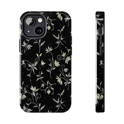 Floral Noir Tough Phone Case — Vintage Black Botanical Protective Cover