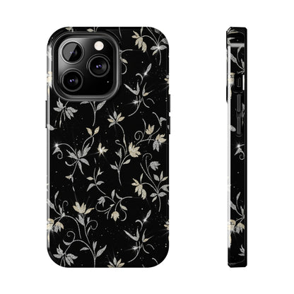 Floral Noir Tough Phone Case — Vintage Black Botanical Protective Cover