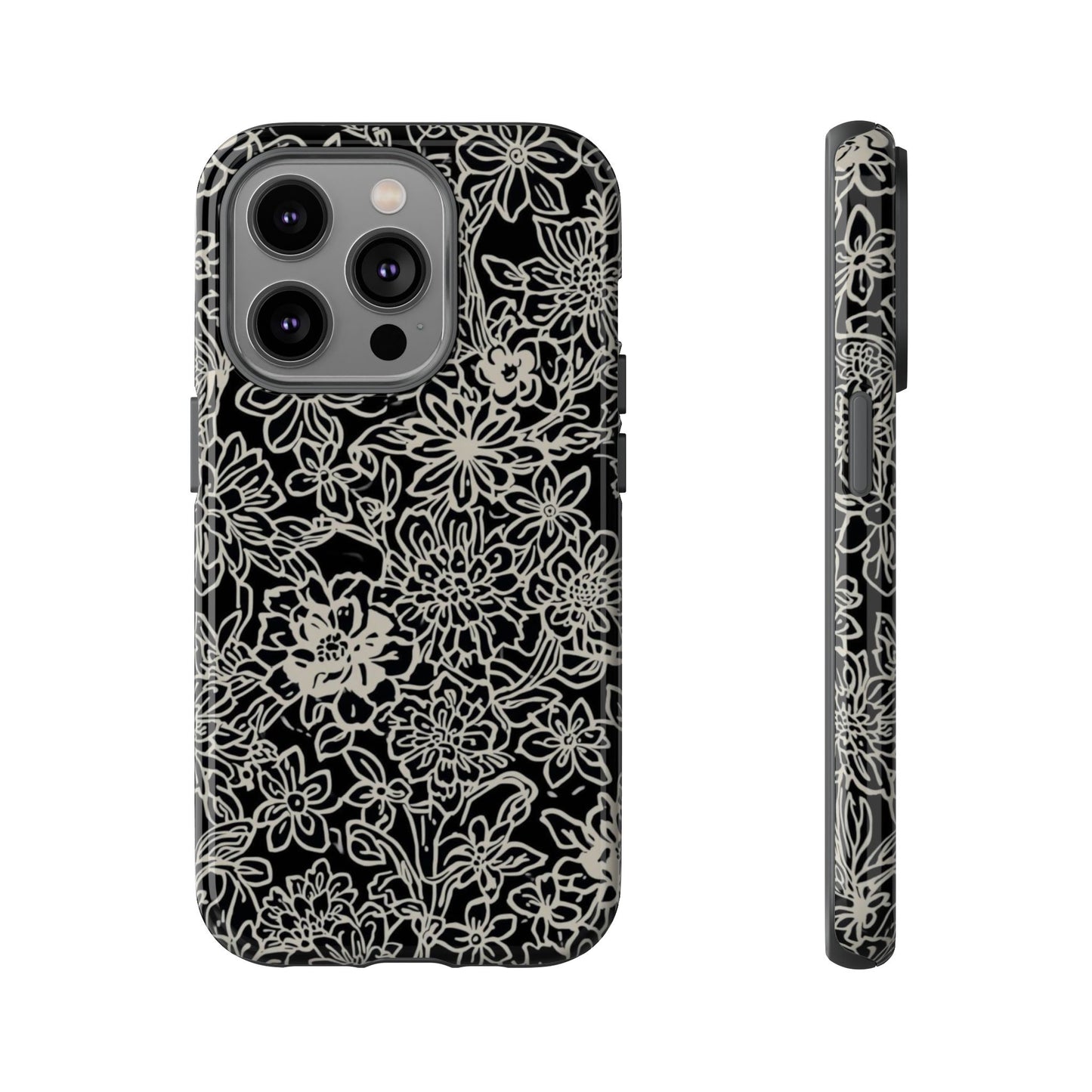Floral Doodle Tough Phone Case — Black & White Sketch Flower Protective Cover