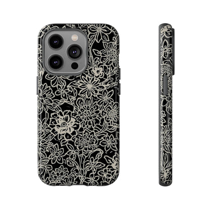Floral Doodle Tough Phone Case — Black & White Sketch Flower Protective Cover