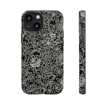Floral Doodle Tough Phone Case — Black & White Sketch Flower Protective Cover