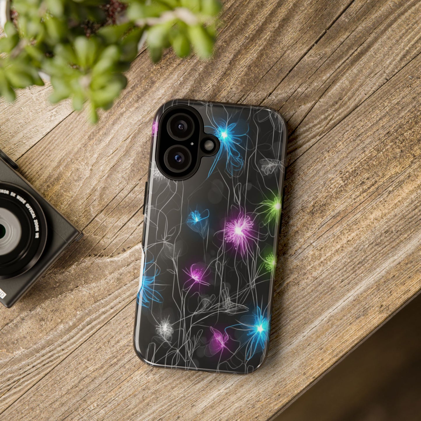 Neon Floral Tough Phone Case — Glow Flower Protective iPhone Cover