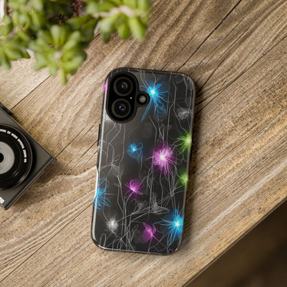 Neon Floral Tough Phone Case — Glow Flower Protective iPhone Cover