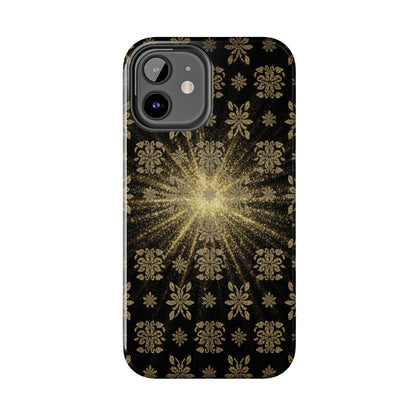 Glitter Burst Tough Phone Case — Black & Gold Floral Protective Cover
