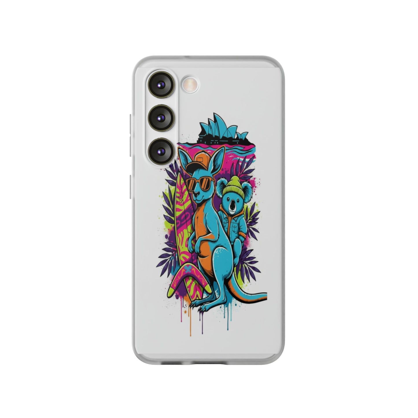 Kangaroo & Koala Surf Phone Case — Neon Aussie Beach Vibes Flexible Case