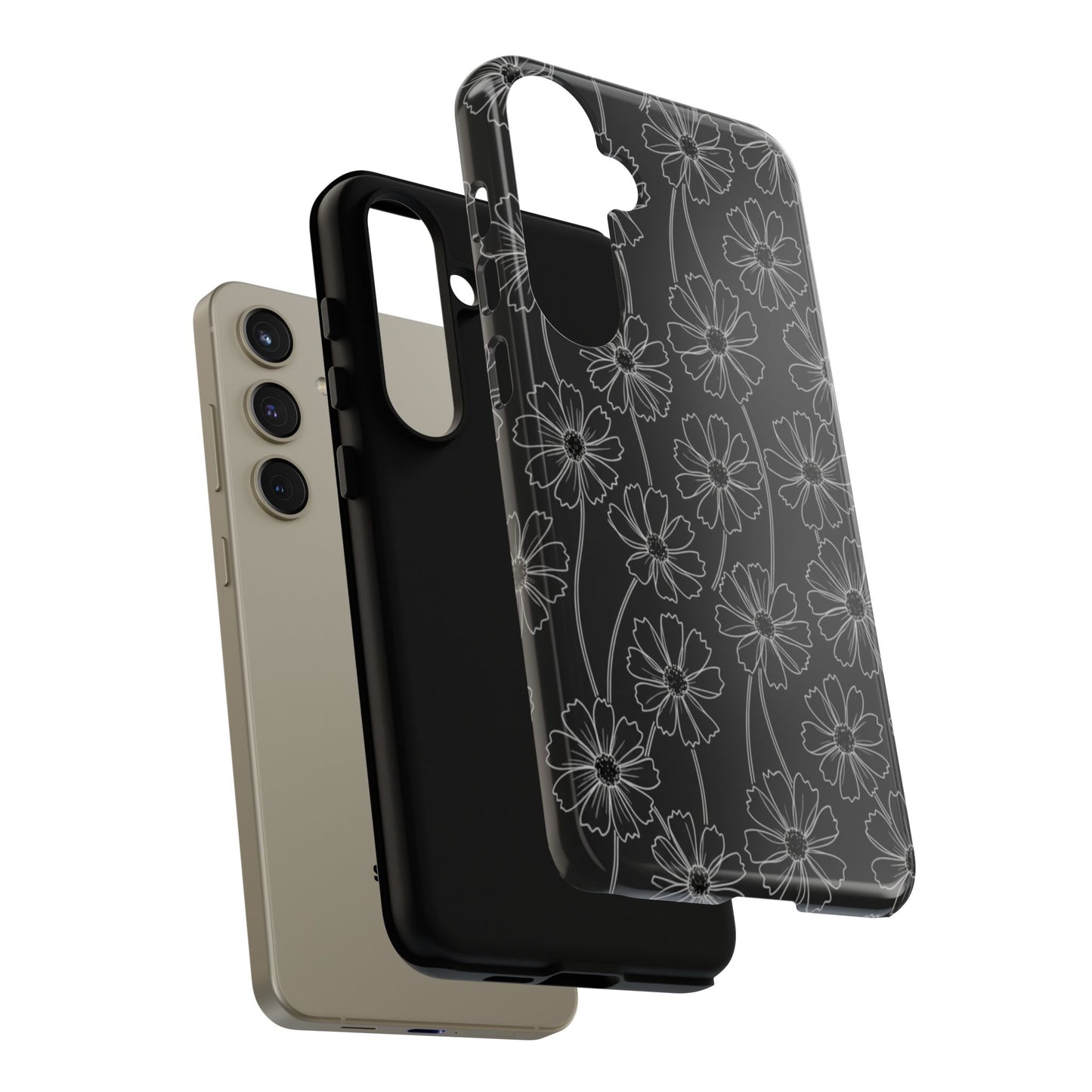 Floral Doodle Tough Phone Case — Black & Gray Daisy Pattern