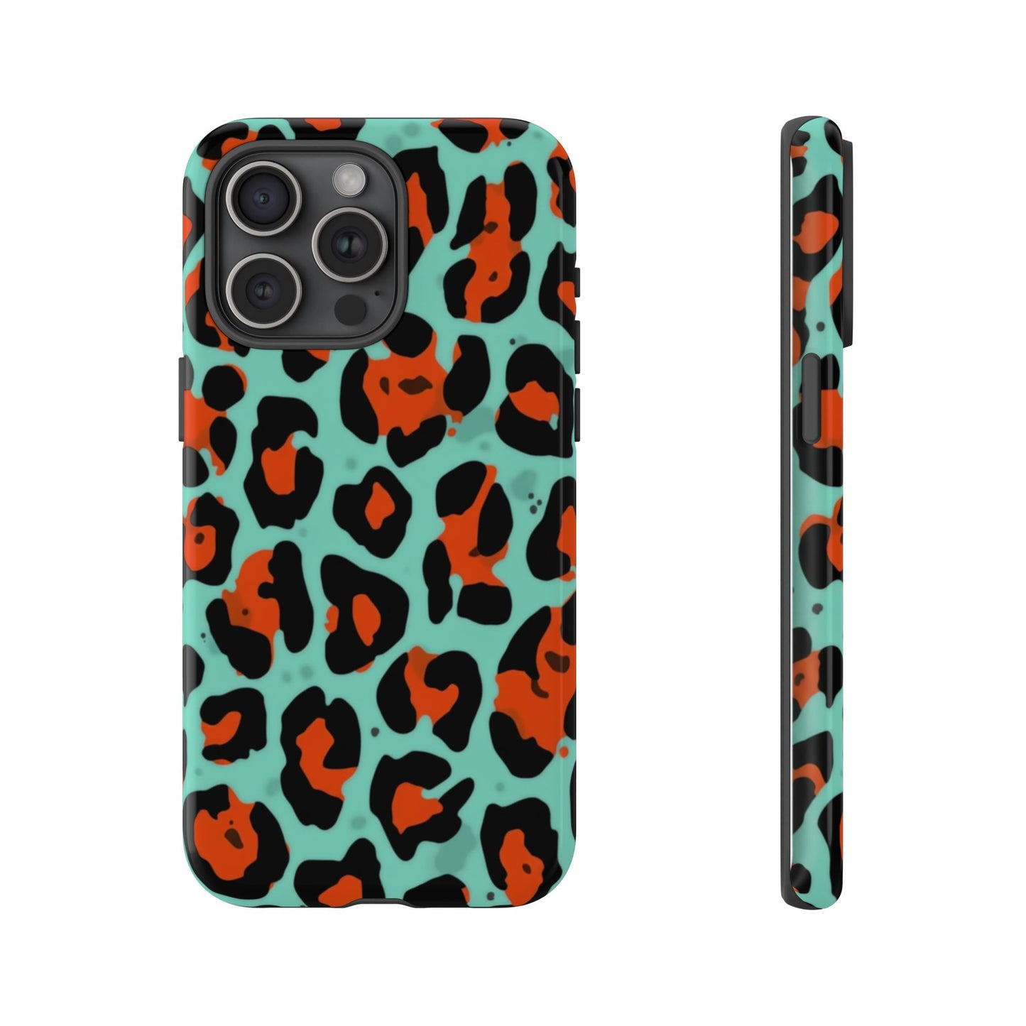 Leopard Print Tough Phone Case — Teal & Rust Protective iPhone Cover