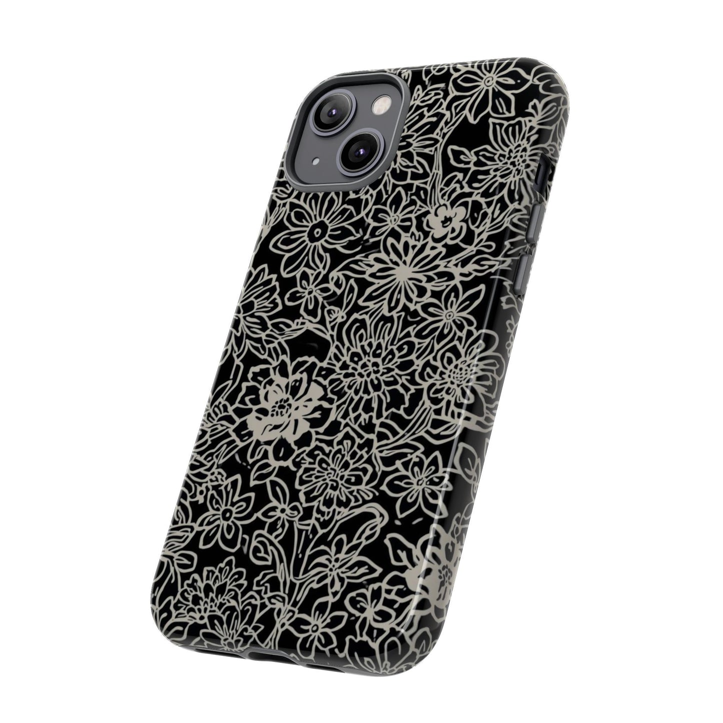 Floral Doodle Tough Phone Case — Black & White Sketch Flower Protective Cover