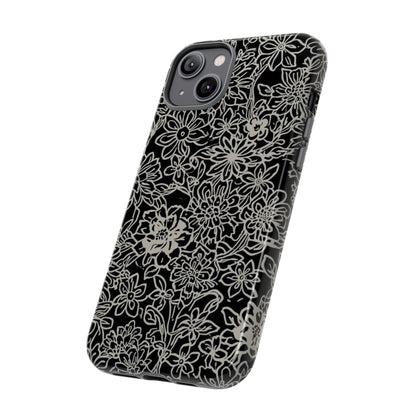 Floral Doodle Tough Phone Case — Black & White Sketch Flower Protective Cover