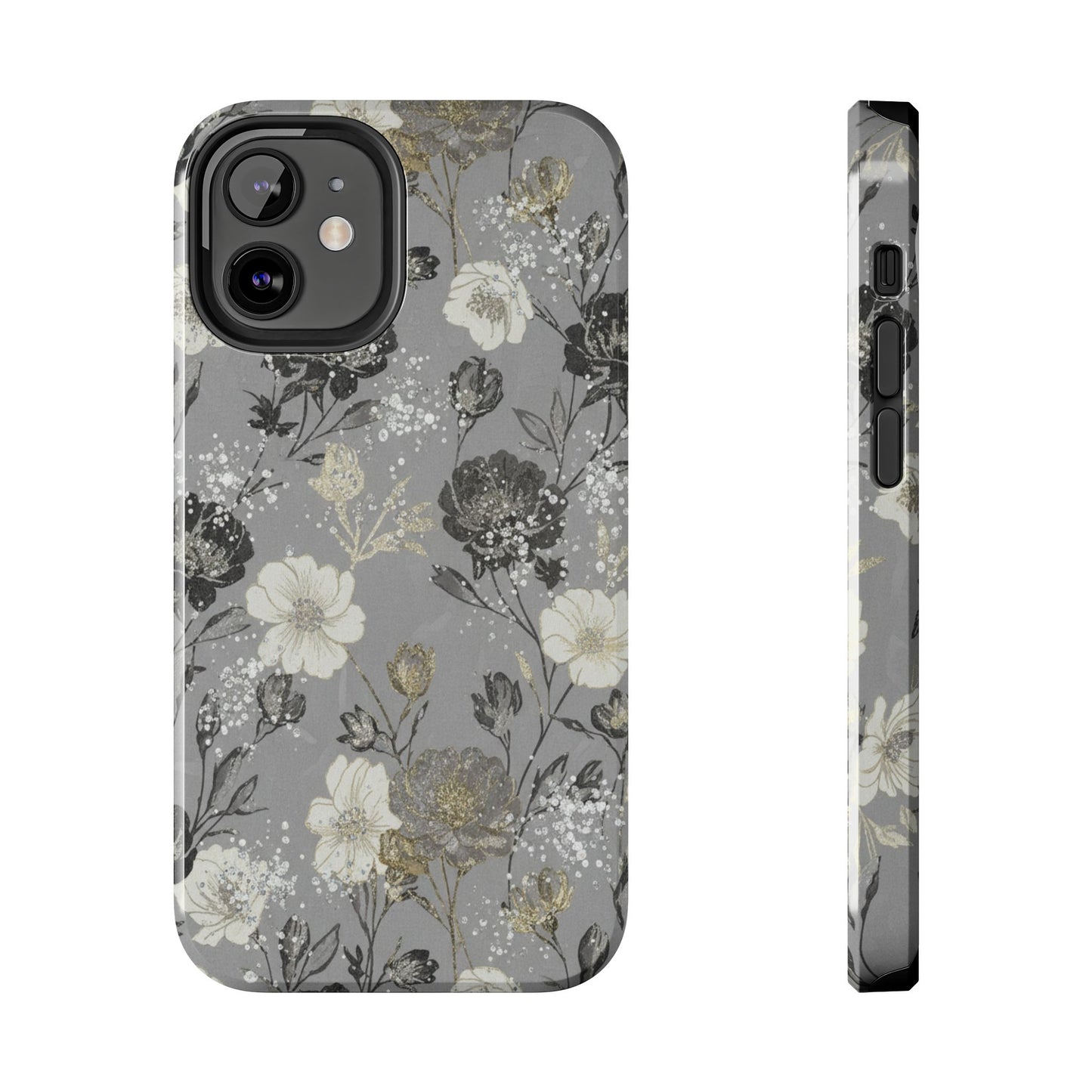 Floral Gray Tough Phone Case — Elegant Protective Phone Cover with Gold Accent