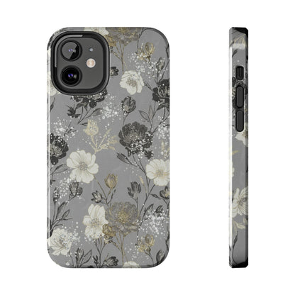 Floral Gray Tough Phone Case — Elegant Protective Phone Cover with Gold Accent
