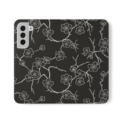 Black Cherry Blossom Flip Phone Case – Floral Wallet Flip Case with Card Slots
