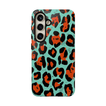 Leopard Print Tough Phone Case — Teal & Rust Protective iPhone Cover