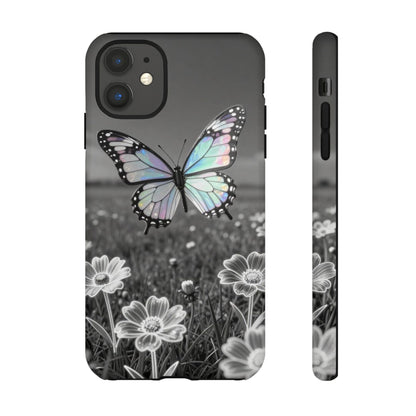 Butterfly Field Tough Phone Case — Pastel Holographic Butterfly on Black & White Floral Background