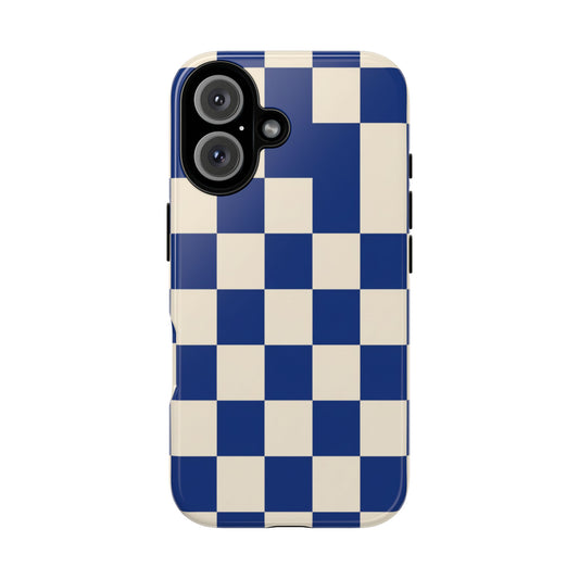 Checkerboard Tough Phone Case — Blue & Cream Retro Grid Protective Cover