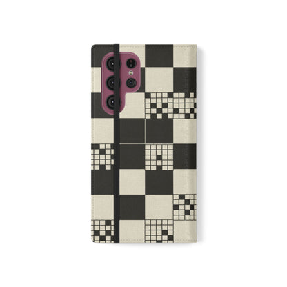 Checkerboard Flip Phone Case – Retro Black & Cream Geometric Wallet Case