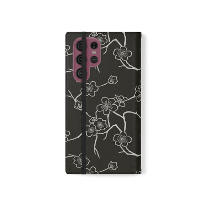 Black Cherry Blossom Flip Phone Case – Floral Wallet Flip Case with Card Slots