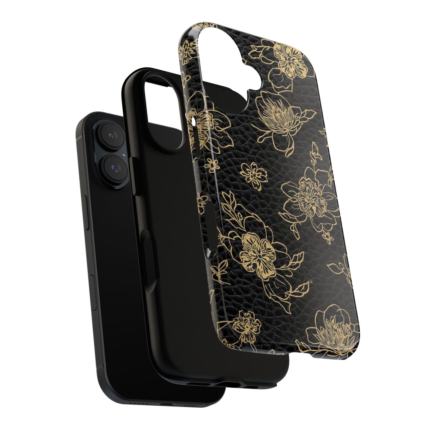 Floral Leather Phone Case — Gold Outline Flowers on Black Tough Case