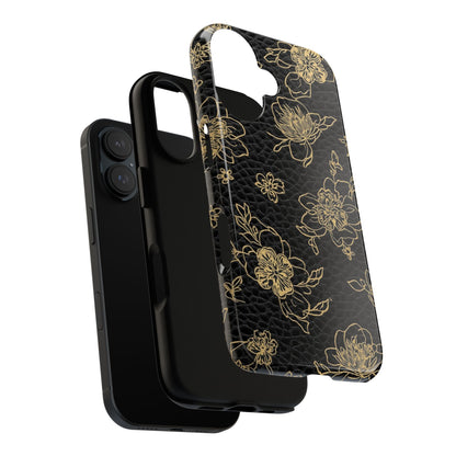 Floral Leather Phone Case — Gold Outline Flowers on Black Tough Case