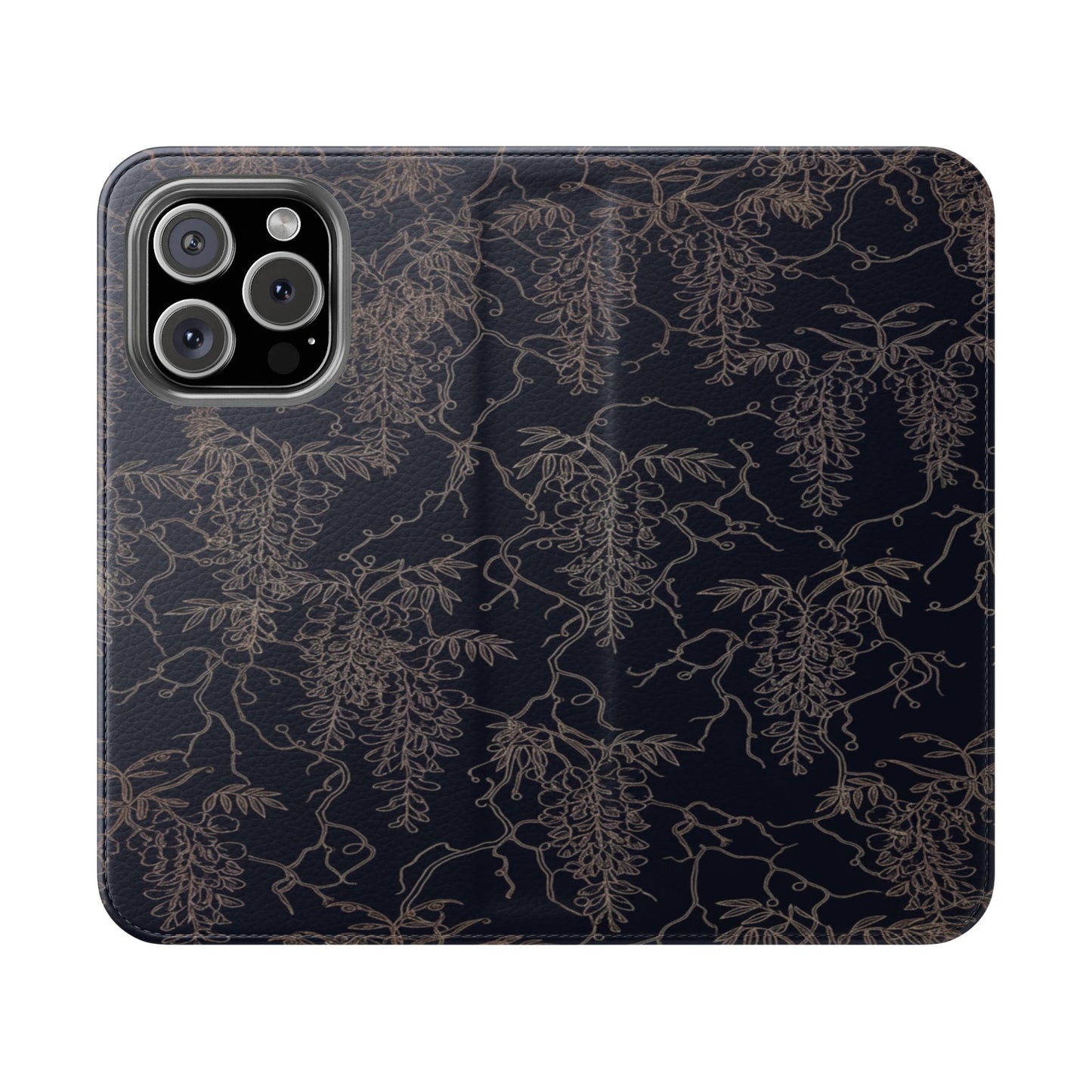 Botanical Noir Flip Phone Case — Dark Floral Wallet Cover with Card Slots