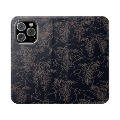 Botanical Noir Flip Phone Case — Dark Floral Wallet Cover with Card Slots