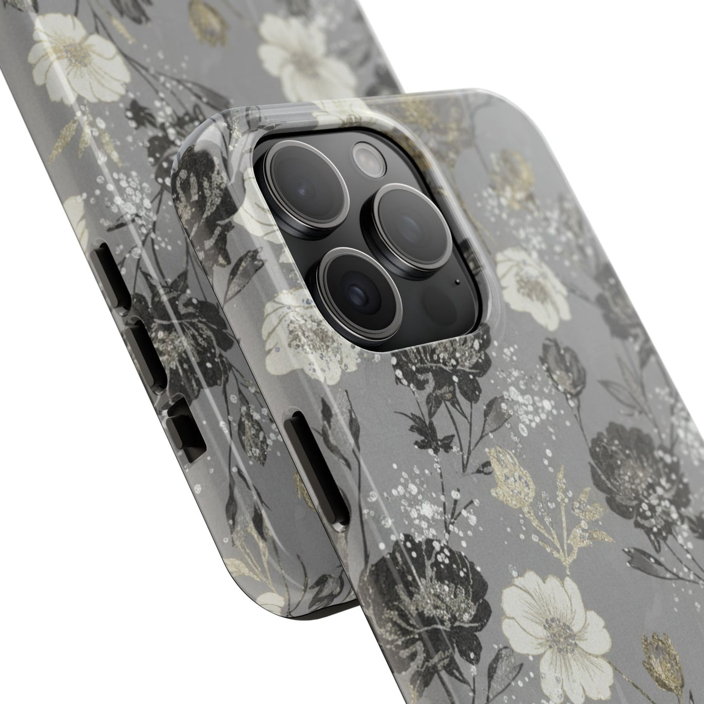 Floral Gray Tough Phone Case — Elegant Protective Phone Cover with Gold Accent