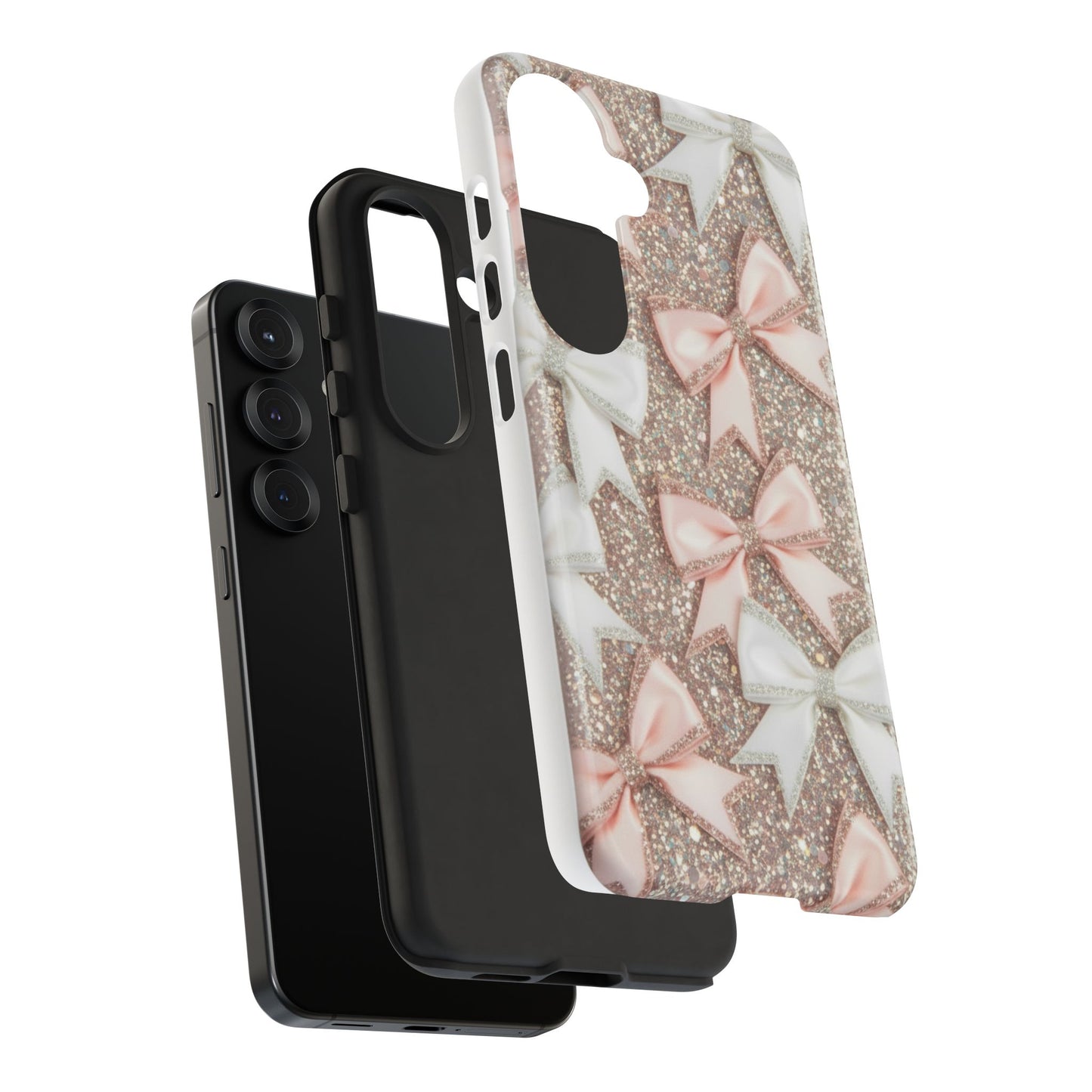 Glitter Bow Tough Phone Case — Pink & White Ribbon Protective Cover