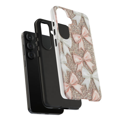 Glitter Bow Tough Phone Case — Pink & White Ribbon Protective Cover