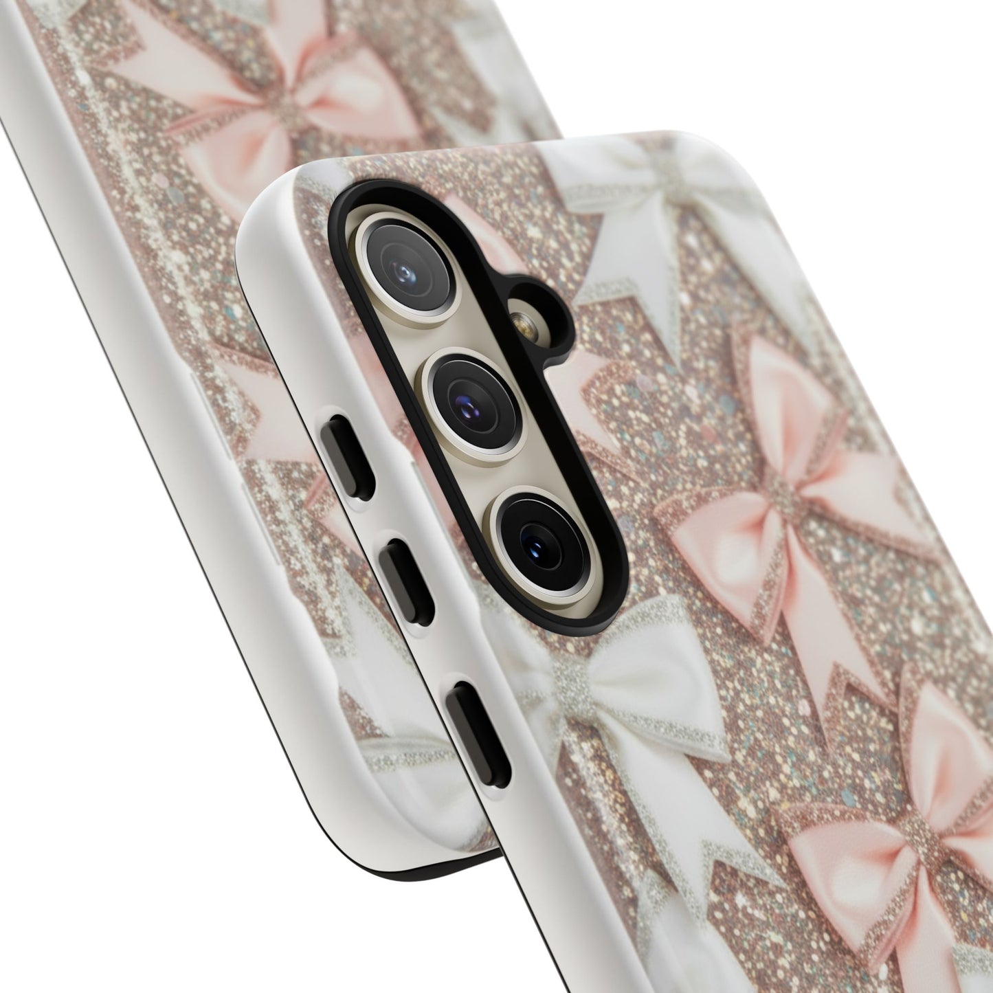 Glitter Bow Tough Phone Case — Pink & White Ribbon Protective Cover