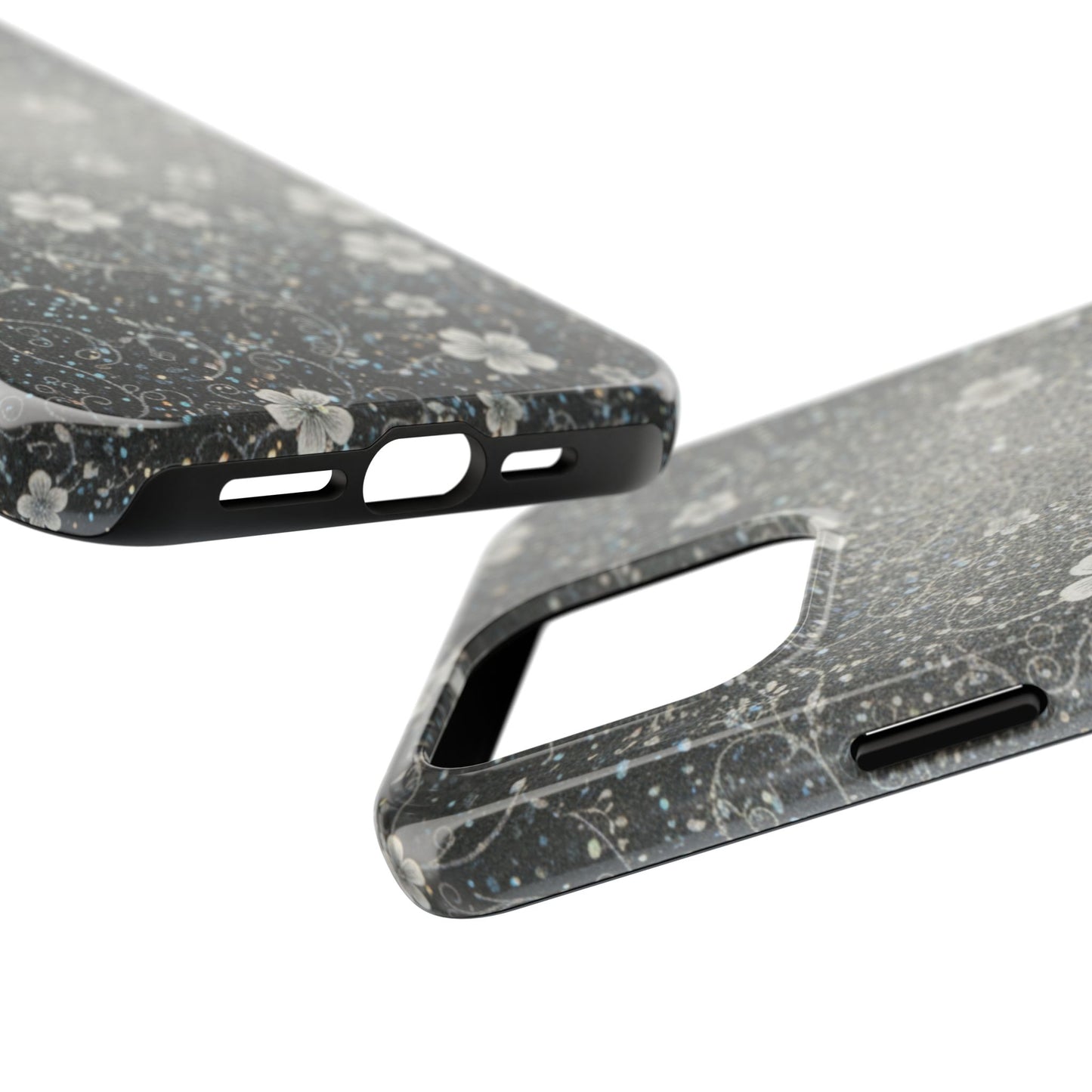 Floral Sparkle Tough Phone Case — Black & Silver Vintage Blossom