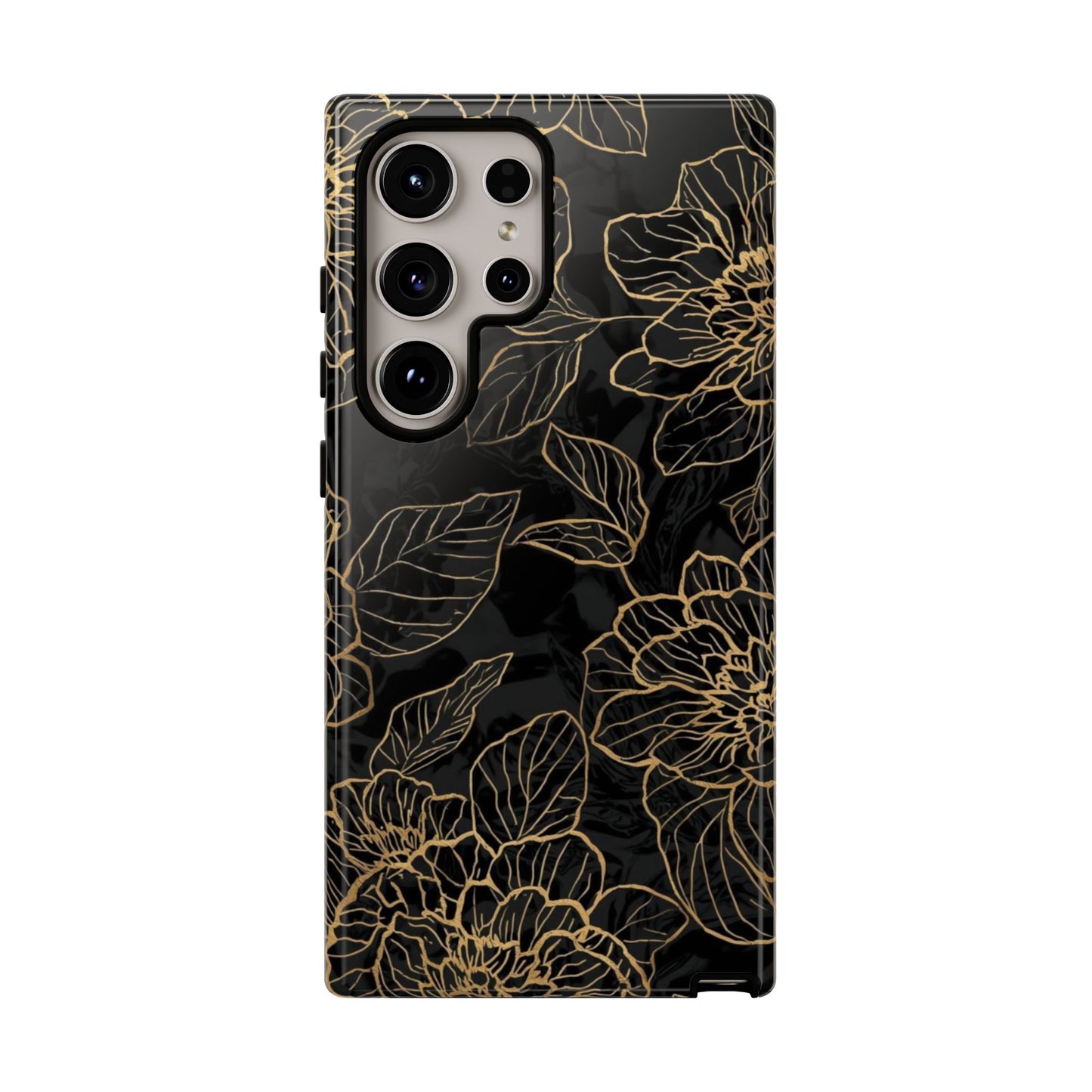 Floral Gold Outline Tough Phone Case – Black Botanical Protective Cover