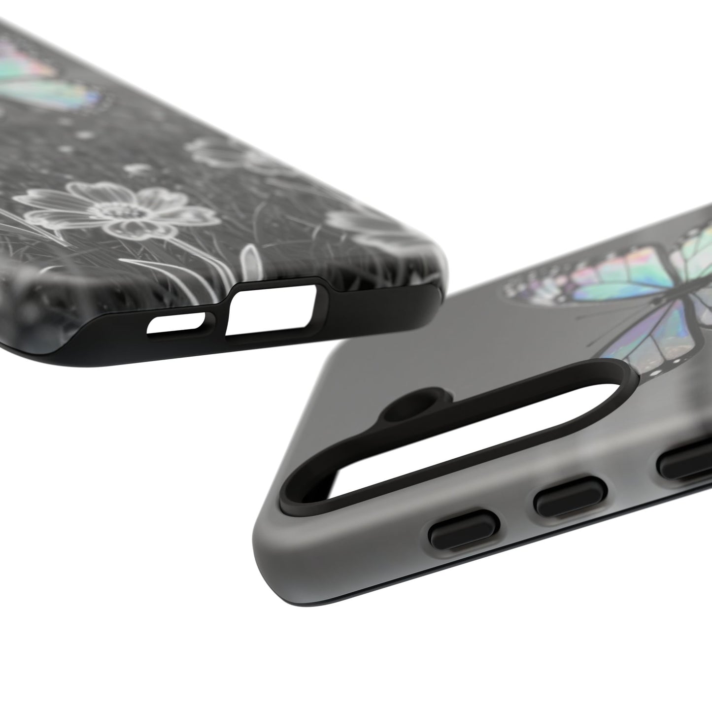 Butterfly Field Tough Phone Case — Pastel Holographic Butterfly on Black & White Floral Background