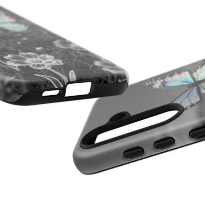 Butterfly Field Tough Phone Case — Pastel Holographic Butterfly on Black & White Floral Background