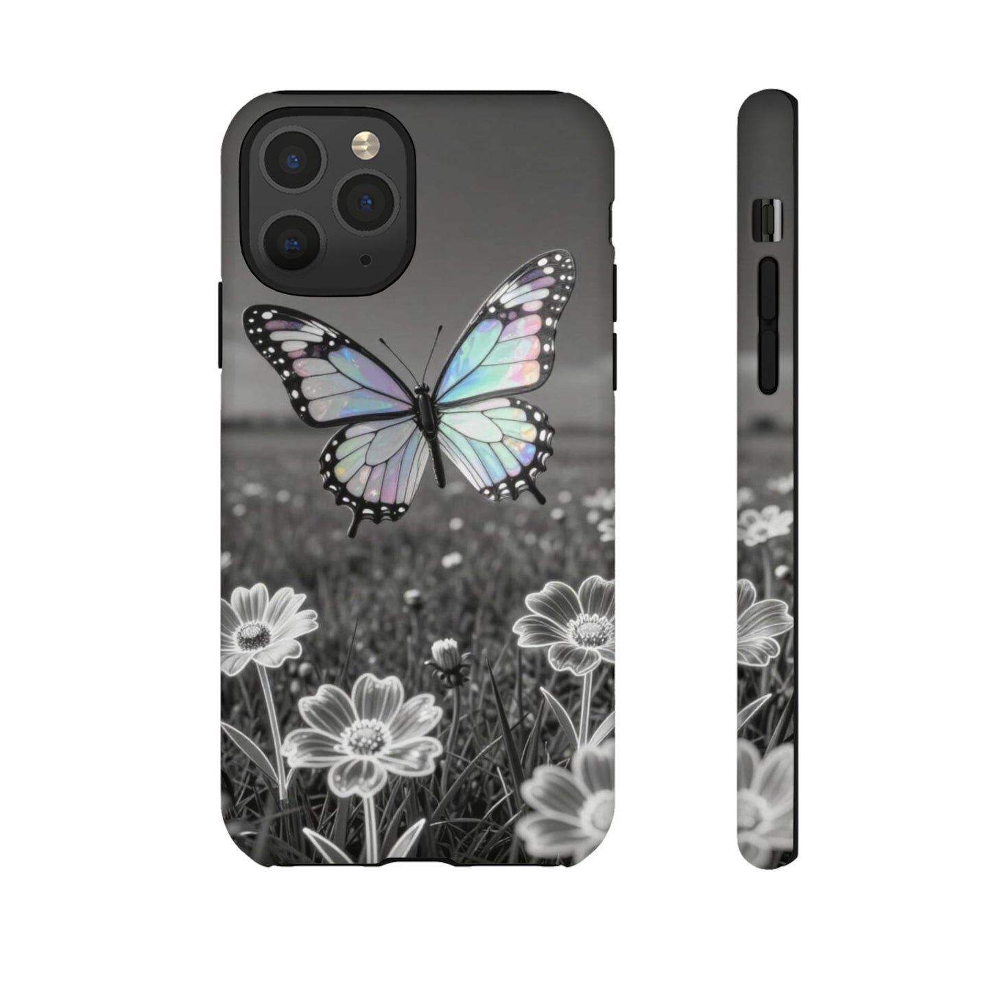 Butterfly Field Tough Phone Case — Pastel Holographic Butterfly on Black & White Floral Background