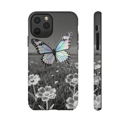 Butterfly Field Tough Phone Case — Pastel Holographic Butterfly on Black & White Floral Background