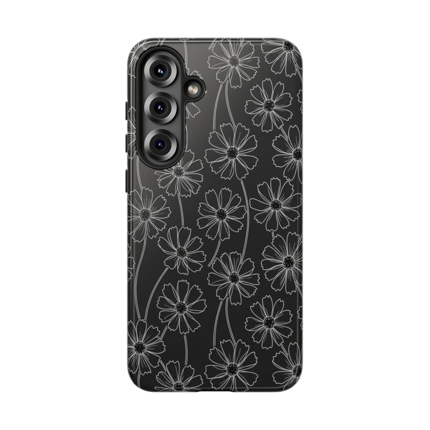 Floral Doodle Tough Phone Case — Black & Gray Daisy Pattern
