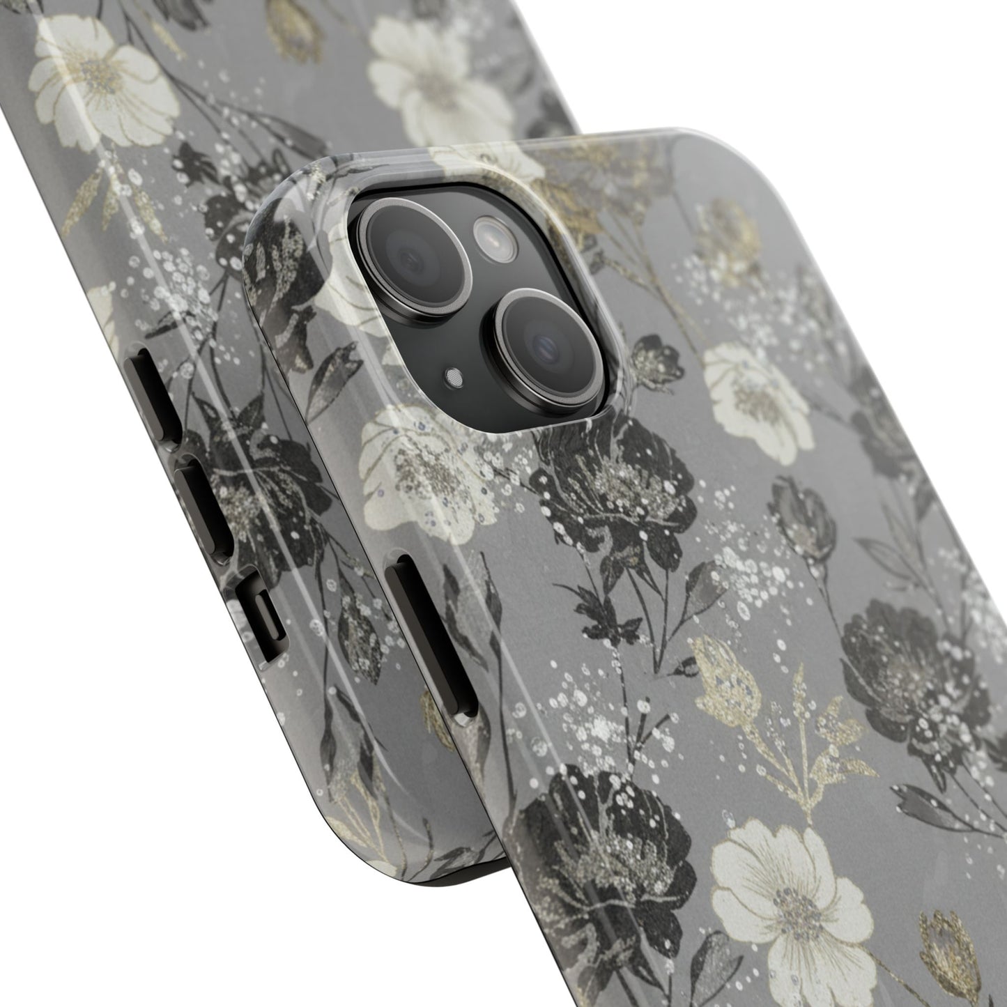 Floral Gray Tough Phone Case — Elegant Protective Phone Cover with Gold Accent